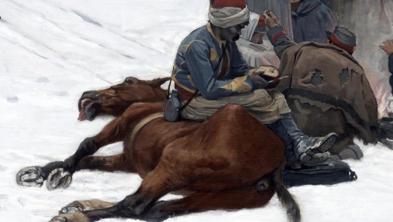 Algerischer «Turcos» macht Brotzeit auf einem Pferdekadaver. (Bild: Bourbaki Panorama Luzern)