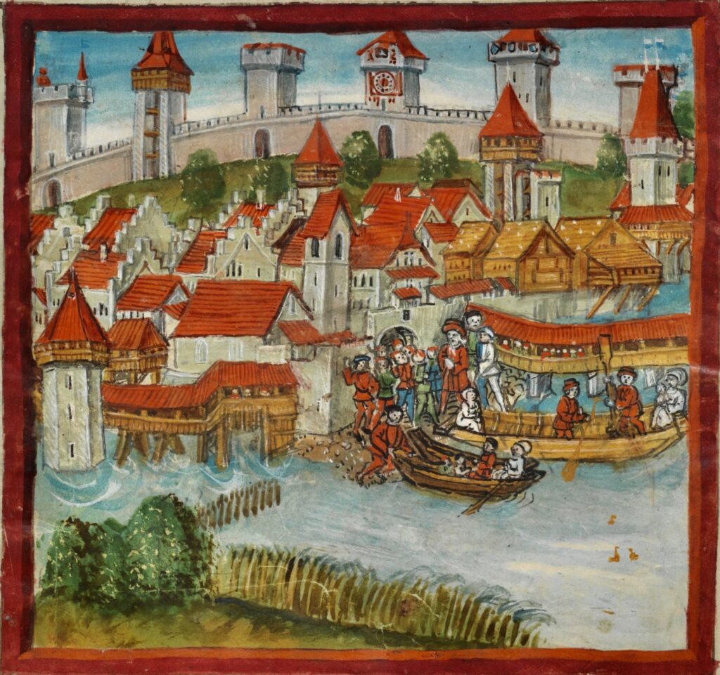 Museggmauern in der Diebold-Schilling-Chronik 1513. (Bild: Eigentum Korporation Luzern, ZHB Luzern)