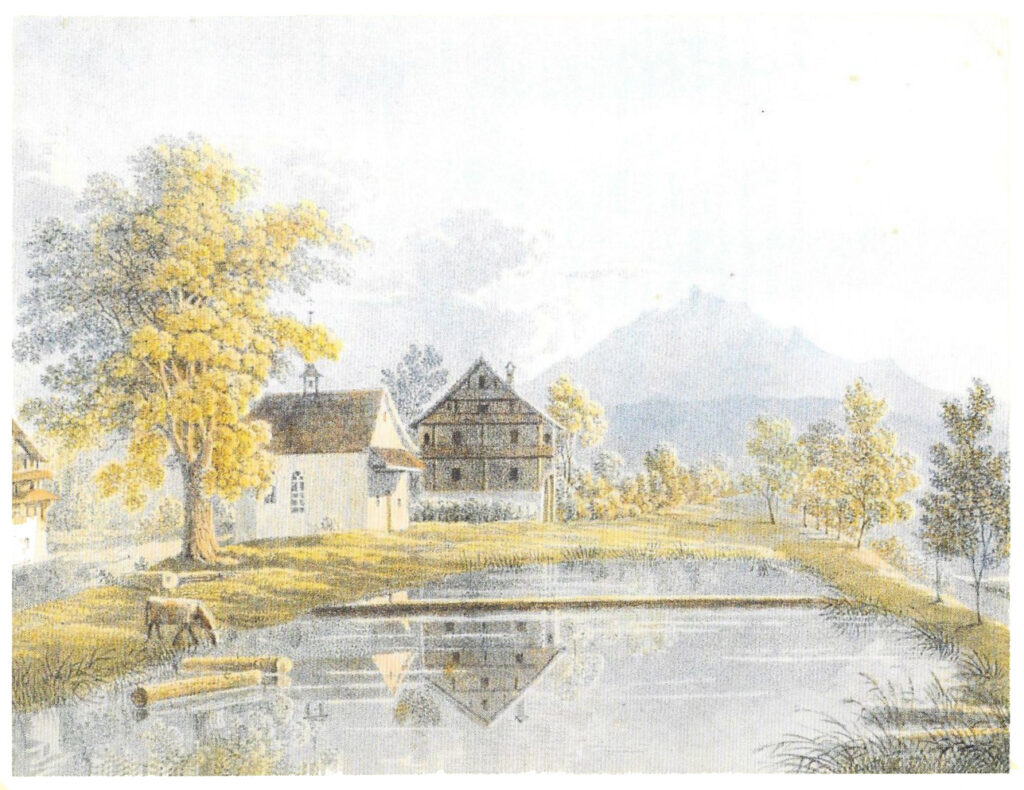 Der Dünkelweiher in Luzern. Das Aquarell, welches um 1850 entstanden sein soll, zeigt die Studentenkapelle und den Dünkelweiher. Rechts neben dem Weiher die heutige Obergrundstrasse; links die Moosmattstrasse. (Quelle: ZHB Luzern)